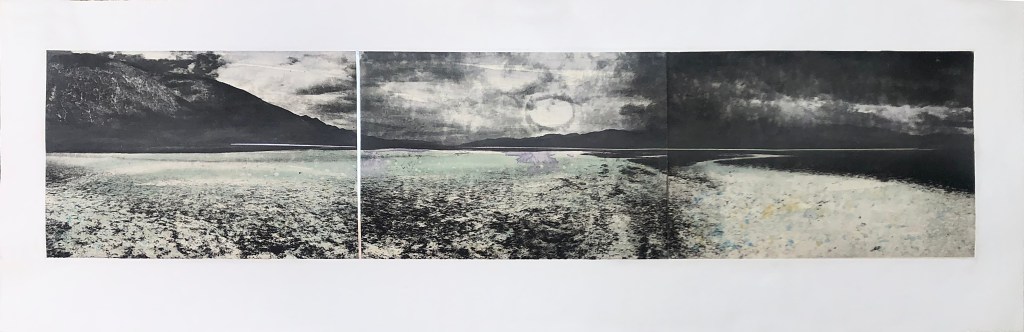 Timbisha: the Sound of Salt
photogravure with chine collé and monotype
15 x 60" image
