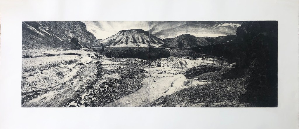 Yesterday's Volcano
photogravure with chine collé and monotype
15 x 30" image